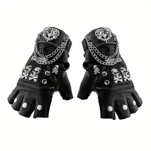 Skull Punk Rock Biker Black Real Leather Half Finger Gloves with Bracelet For Men Women