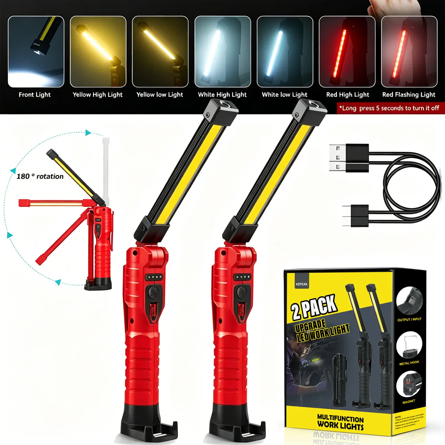 LED Rechargeable Work Lights, Flashlight Hand Tools Mens Dad Birthday Gift Magnetic Worklight,360°Rotate 5 Modes Portable Inspection Torch for Mechanics,Automotive,Camping,Emergency (2 Pack)