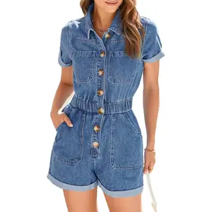 Imily Bela Women's Short Sleeve Denim Rompers Cotton Utility Button Up Elastic Waist Short Jumpsuits