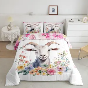 Goat Comforter Set,Boho Floral Bedding Set for Girls Boys,Cute Sheep Wild Animal Quilt,Watercolor Flowers Duvet Insert