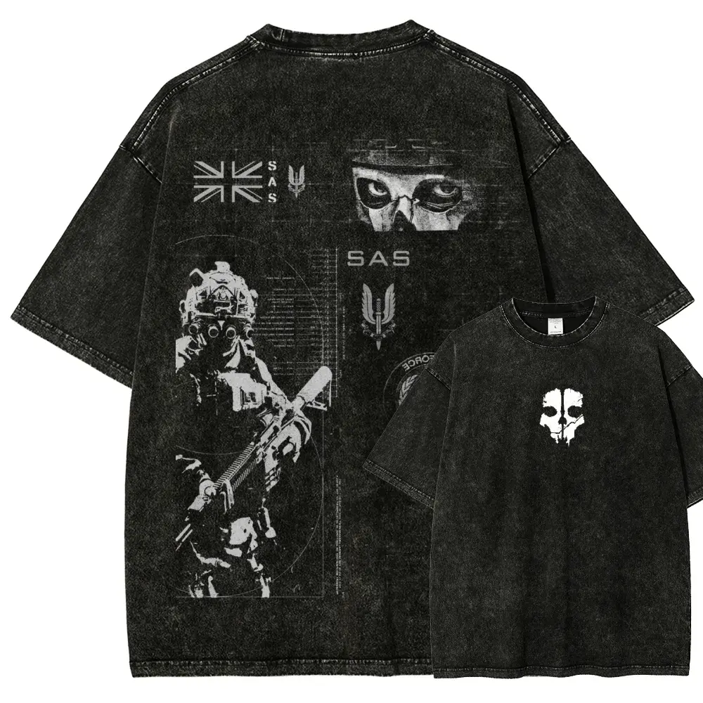 Call of Duty SAS Tactical Graphic Washed T Shirt, Modern Warfare Inspired Black Oversized Cotton Tee with Special Forces Operator Artwork, Vintage Military Streetwear Shirt for COD Fans, FPS Gamers, Outdoor Lovers and Casual Daily Wear