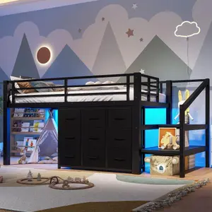 Bellemave  Twin Low Loft Bed with Multi-Storage Spaces, Including Fabric Drawers, Fabric Shelves Beside the Bed, Storage Stairs, Metal Loft Bed with Lights and Ample Under-bed Spaces