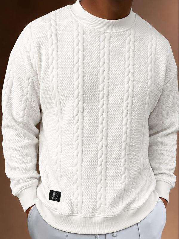 Men’s Jacquard Sweatshirt, Textured Crewneck Pullover, Casual Long Sleeve Top, Stylish Spring Fall Streetwear