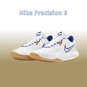 Nike Precision 6 Low Top Basketball Shoes for Men - White with Blue Accents and Orange Details-HV1796-141