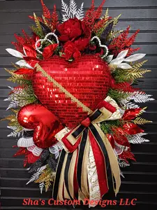 Heart of Hearts and Roses Wreath- Elegant Valentine's Decor with Disco Heart attachment, Roses, Pearl hearts & Greenery 33x22x6 Inches Matching Deco Mesh & Ribbon