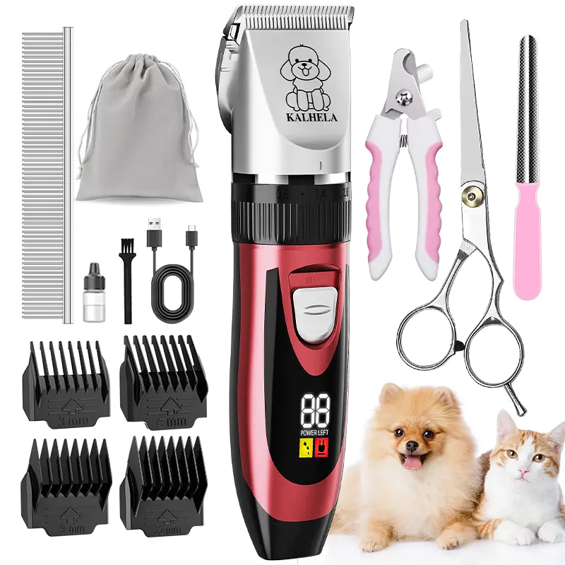 KALHELA Rechargeable Cordless Dog Clippers - Low Noise, Low Vibration, LCD Digital Display Grooming Kit with Deodorant Plastic Combs, Universal Pet Hair Trimmer for Dogs, Rabbits (Small & Large), Cells