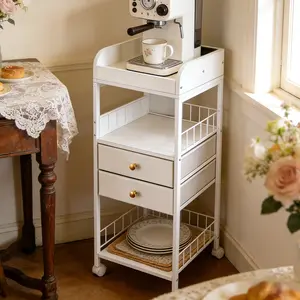 SICANDAENHK White 3-Tier Metal Rolling Storage Cart - 20-25 Kg Capacity Kitchen Organiser with Wooden Tabletop, Built-In Drawer, USB Charging Ports, Decor-Friendly Home Supply Rack