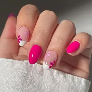 24pcs Long Almond Shape French Tip Nail Stickers, Flower Pattern Floral Accents False Nails, Rose Press-On Nails Set, Durable Quality, Perfect Fit, Easy Wear, Nail Art Design, Almond Fake Nails