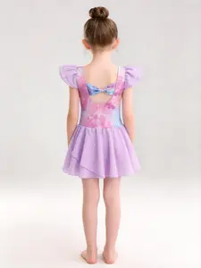 Digital print summer dress with purple gradient effect, ballet dress for girls with small flutter sleeves and a bow at the back, dancewear