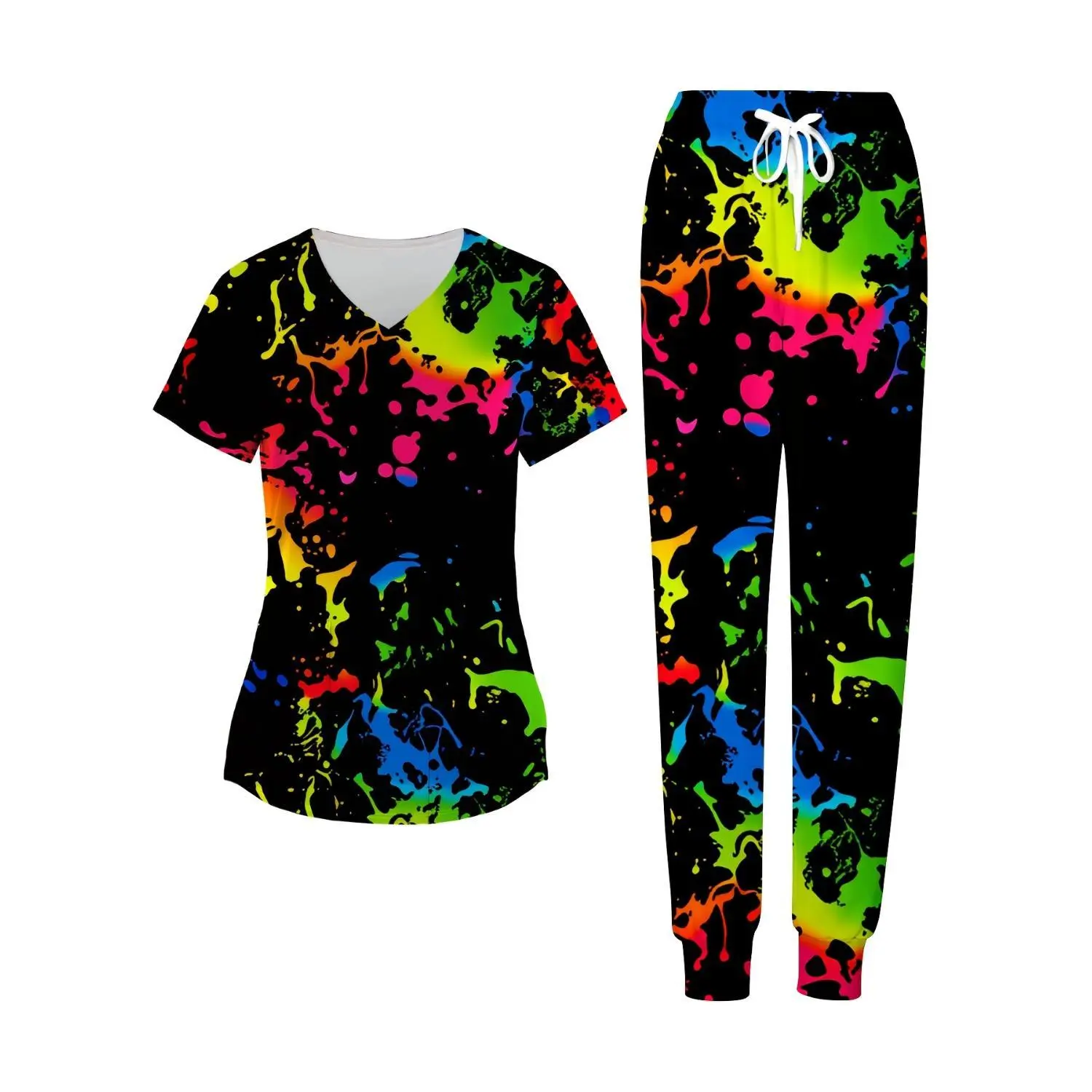 Colorful Splatter Print Women's Scrub Set - V-Neck Top and Pocketed Pants for Healthcare Professionals