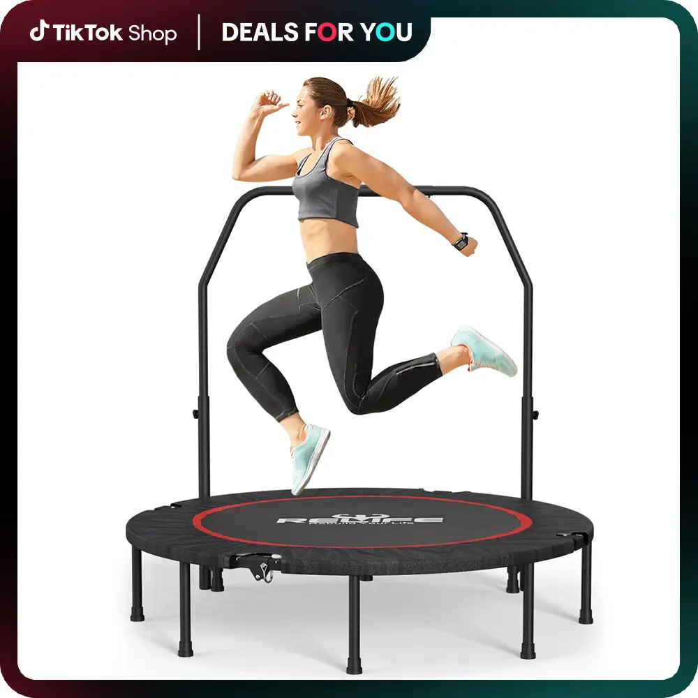 48-Inch Stainless Steel Rebounder Trampoline - Fitness Trampoline Gym Equipment with 5 Different Levels of Handrail Height (31″/34″/37″/41″/44″), Oxford Safety Pad, Waterproof Mat, 440 Lbs Capacity, 12 Months Support for Jump Training & Home Use