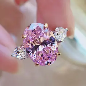 S925 Sterling Silver Purple Three-stones Oval Cut Oval Ring 10*14mm 6A Cubic Zirconia Ring Purple/Yellow/White-365