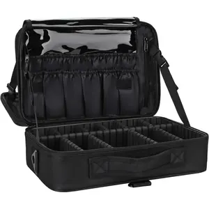 Makeup Bag Travel Makeup  Case 13.8 inches Large  Case Professional Portable Makeup Brush Holder Organizer and Storage with Adjustable Dividers and  Strap Black