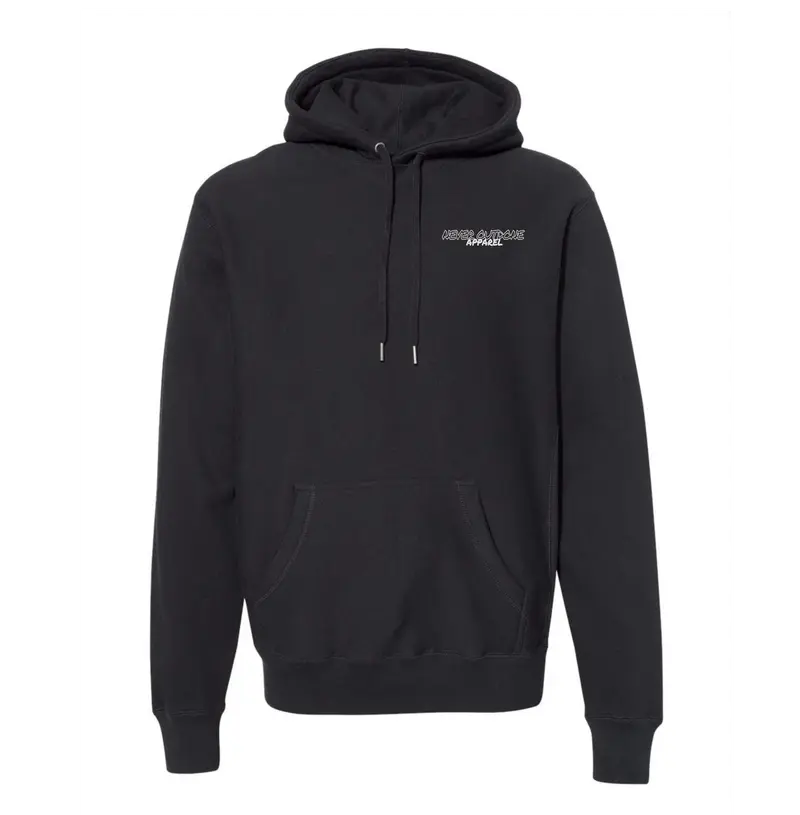 NEVER OUTDONE PREMIUM HEAVYWEIGHT BLACK HOODIE W/DRAW CORDS AND WHITE EMBROIDERED LOGO ON FRONT POCKET