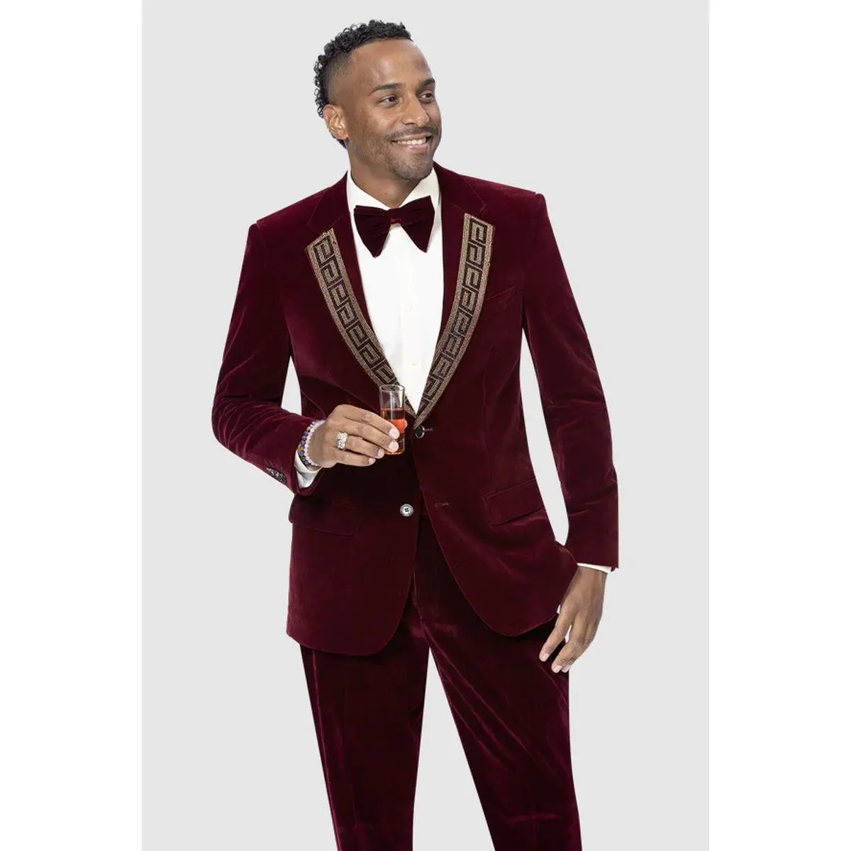 Mens Modern Fit Velvet Tuxedo Suit with Gold Sequin Lapel Embellishment in Burgundy