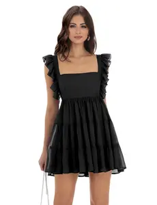 Women’s Summer Slightly Transparent Lightweight Square Neck Tie Back Ruffle Sleeve Tiered Casual A-Line Short Mini Dress 2026 New Little Black Dress For Women Party  Basic  Womenswear Minimalist