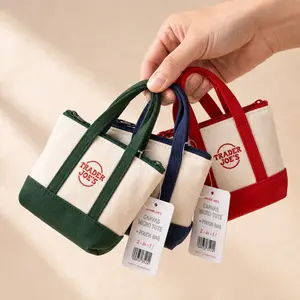 Trader Joe Style ,TJ Mini,TikTok Viral Mini Canvas Tote Bag 2026, 2-in-1 Foldable Reusable Grocery Market Tote, Pastel Striped Small Shoulder Tote, Lightweight Everyday Mini Tote for Travel, Errands & Daily Use