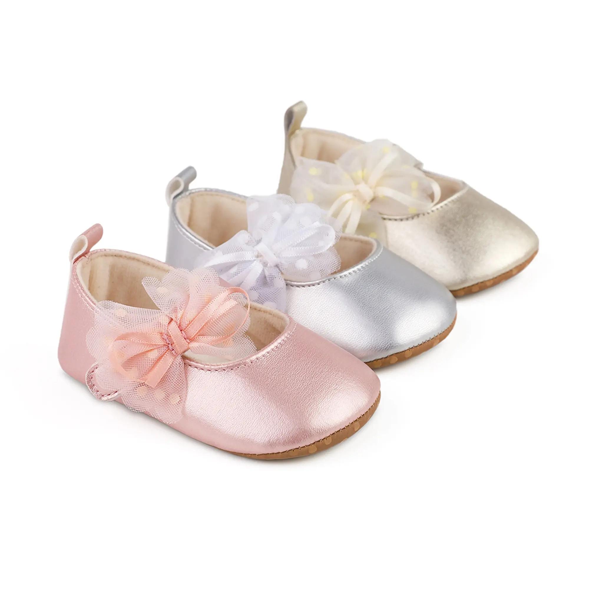 Baby Girls' Prewalker Shoes, Princess Bowknot Flats with Shiny Dot-Print Mesh, Cute PU Upper with Non-Slip Sole for Weddings, 0-18 Months
