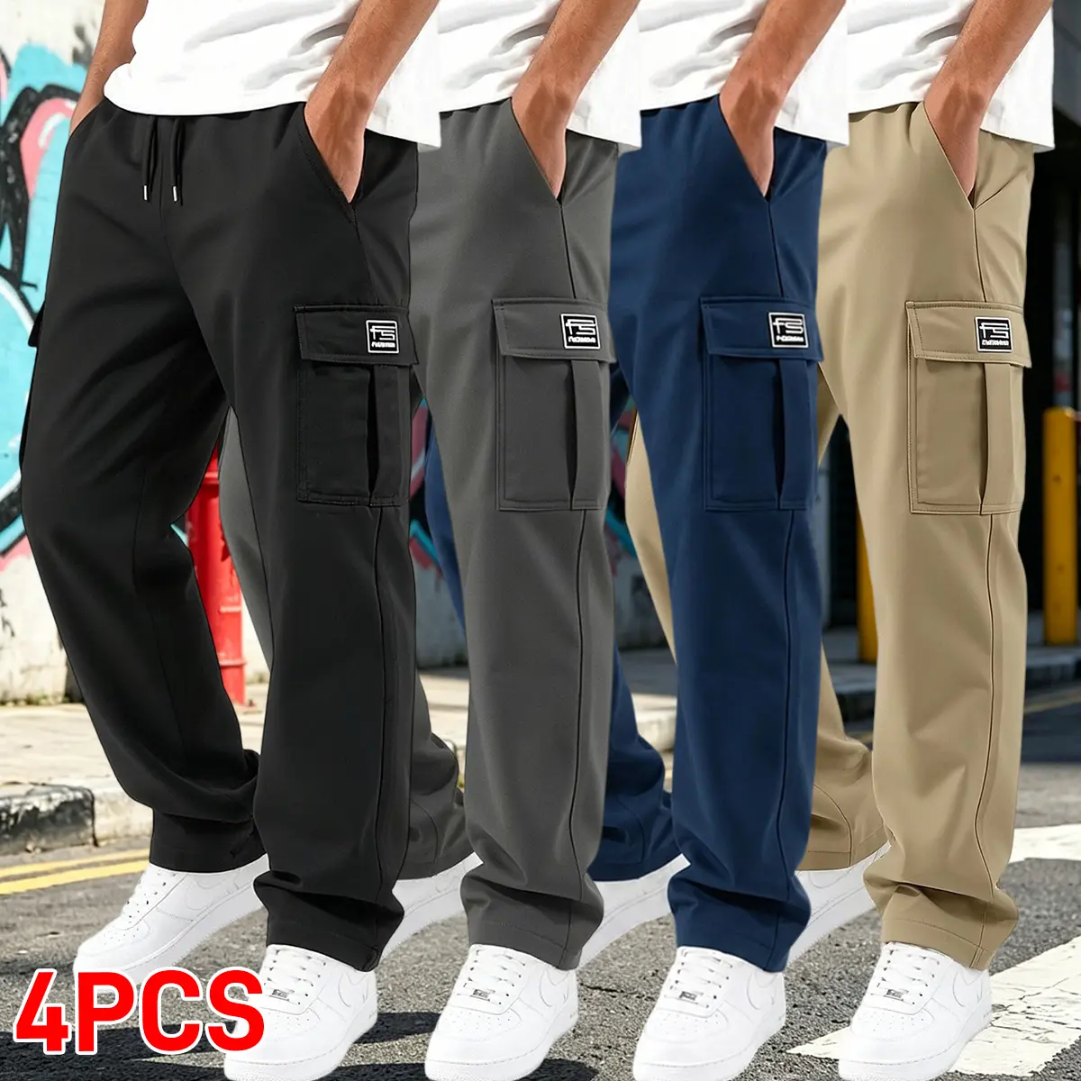 Men's 4-Pack Loose Fit Cargo Pants - Heavy-Duty Solid Color Polyester Sportswear Workwear Trousers, Aesthetic Casual Pocket Trousers with Multiple Pockets, Elastic Waistband, Black, Gray, Misty Blue, Letters
