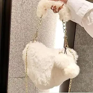 Fashion Rejolly Furry Purse for Girls Heart Shaped Fluffy Faux Fur Handbag for Women Soft Small Shoulder Bag Clutch Purse