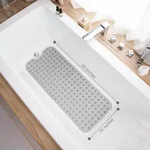 Bathtub Mats for Shower Tub, Extra Long Non-Slip 39 x 16 Inch Bath Mat with Drain Holes and Suction Cups, BathMat for Bathroom with Machine Washable (Clear Grey)