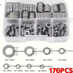 Premium 176Pcs Stainless Steel Flat Washer Assortment Set, ranging from M2 to M10 complete specifications. Made of high-quality sturdy stainless steel material, featuring excellent rust-proof, anti-corrosion, wear-resistant and durable performance.