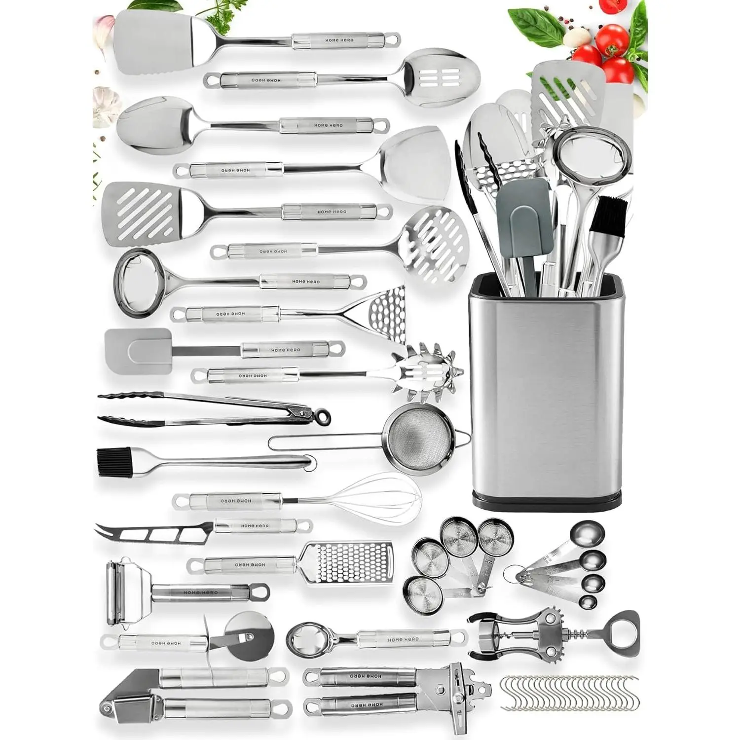 54- Stainless Steel Kitchen Utensils Set - Heat-Resistant Nonstick  & Stainless Steel Cooking Utensils - Complete Tools with Slotted Spoon & Pasta Spoon - Pack of 54,
