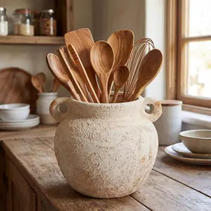 Rustic Kitchen Utensil Holder 6 Inch Small Ceramic Utensil Holder with Handle Vintage Crock Decoration Spatula Organizer for Kitchen Countertop Farmhouse Party Supplies(White,Elegant)