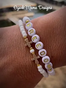 [NEW] Handmade Freedom & Faith Bracelet Set of 2| White Beaded Cross Jewelry | Christian Patriotic Gift