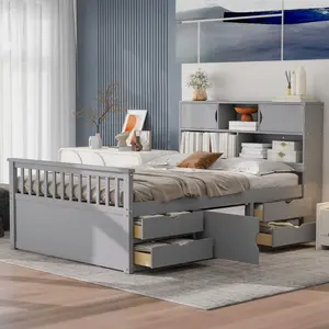 Full Size Captain Bed with Storage Bookcases and Shelves, Solid Wood Platform Bed Frame with Four Drawers and Slats, No Box Spring Needed