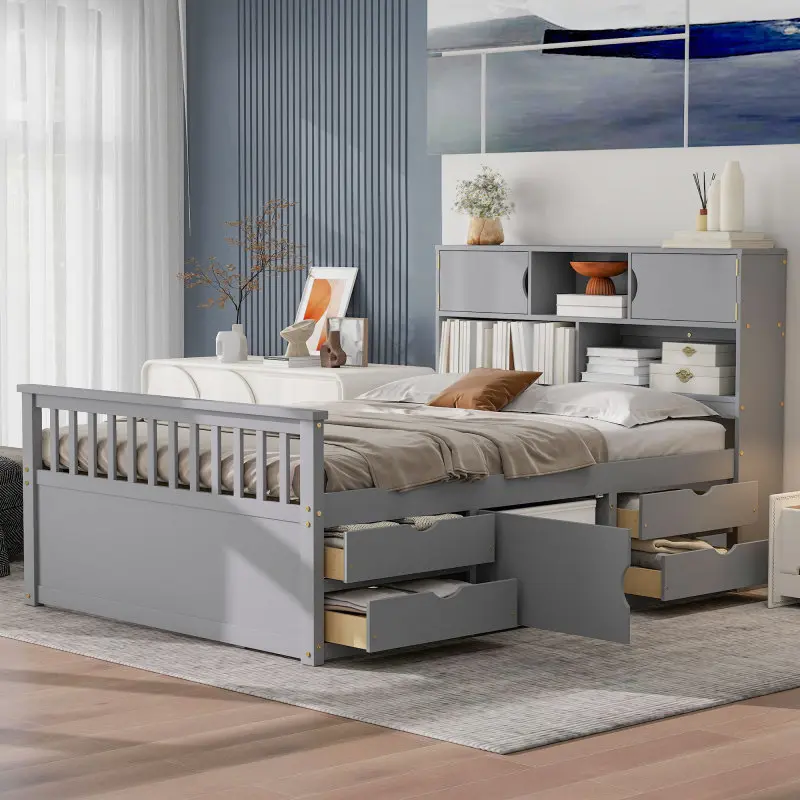 Full Size Captain Bed with Storage Bookcases and Shelves, Solid Wood Platform Bed Frame with Four Drawers and Slats, No Box Spring Needed