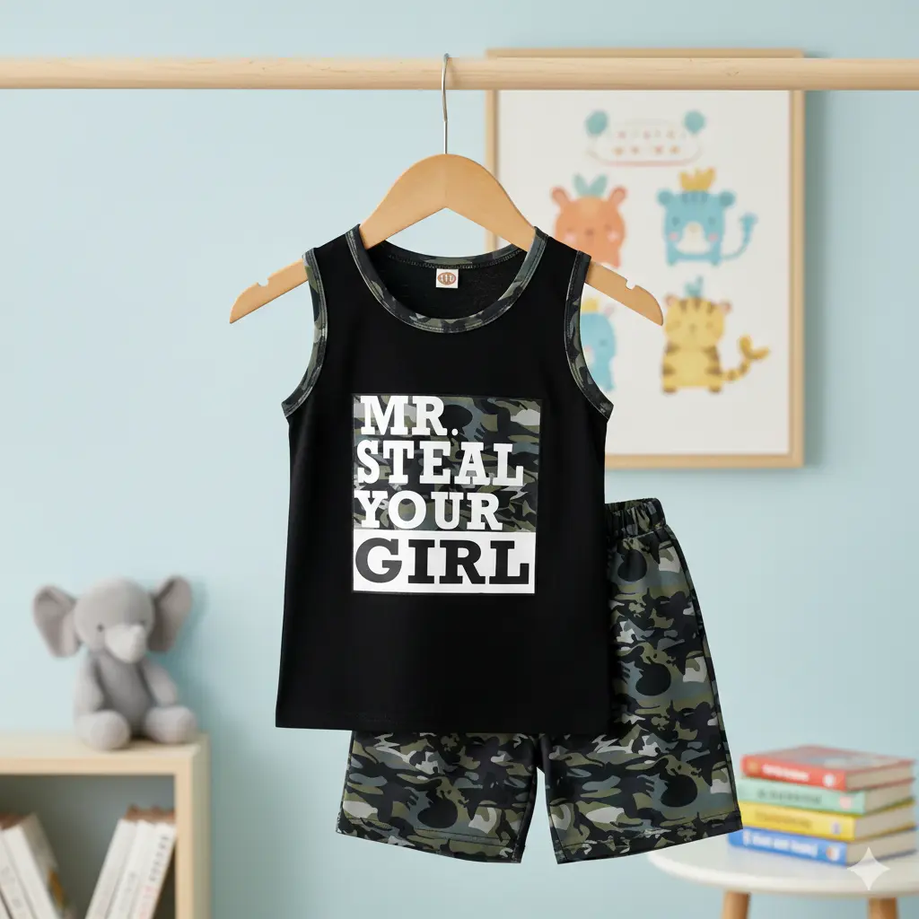 Baby Boys' 2-Piece Camouflage Casual Outfit Set - 1 Vest+1 Short Pants, Sleeveless Letter Print Tee, Elastic Band Shorts, Summer Wear for 12-18 Months, Baby Clothing Gift Set, Toddler Style, 2-3 Years, Boy Clothes, Two-Pieces Covers Top And Bottom
