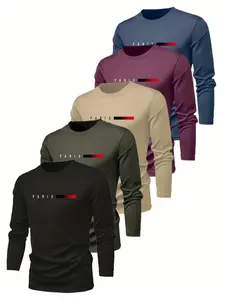 Men's Classic Letter Print T-Shirt Set of 5, Round Neck Long Sleeve Casual Comfortable Top for Workout Running Clothes Running Sports Daily Wear Casual Sportswear, Casual Sports Tops