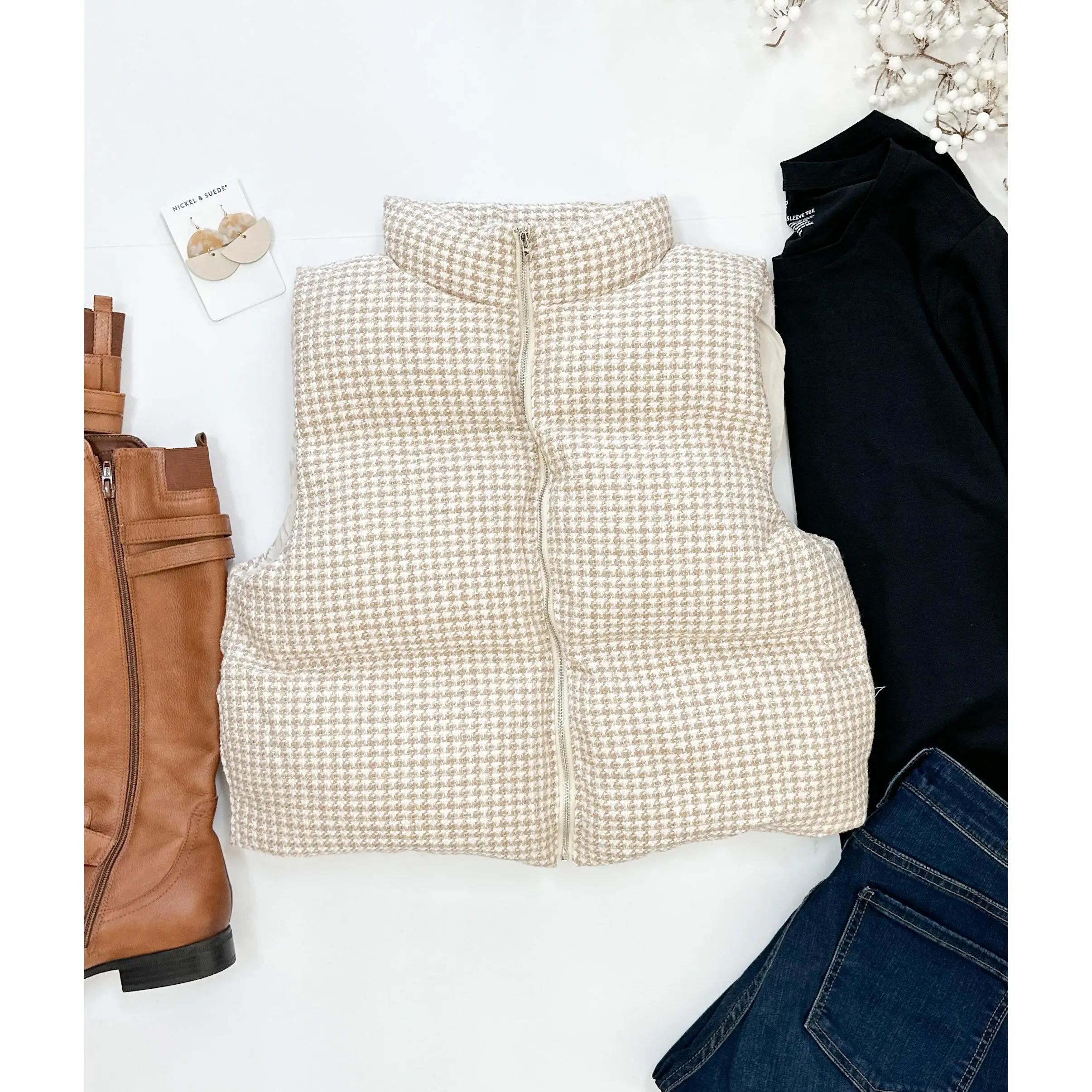 Marie Cream Houndstooth Puffer Vest
