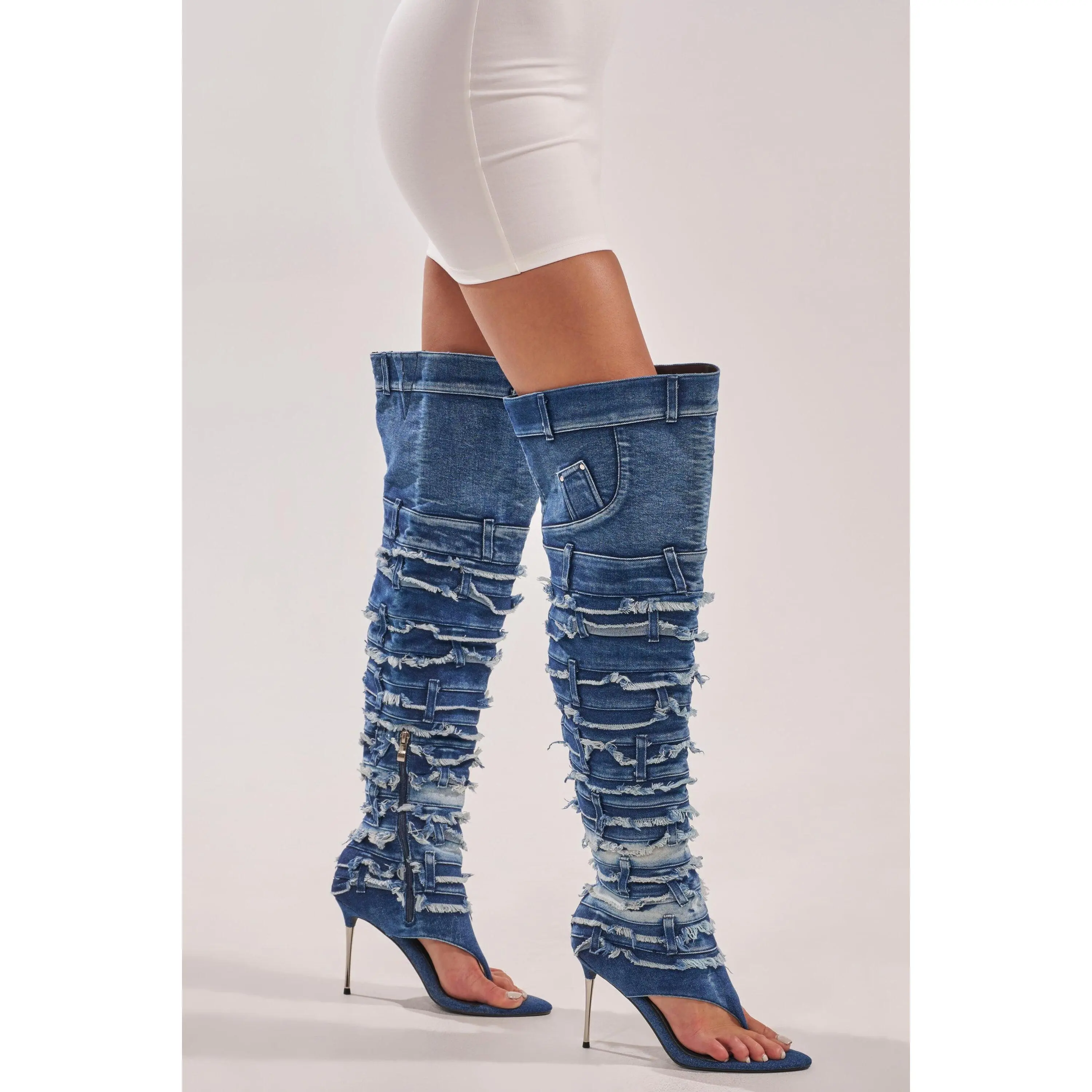 AZALEA WANG SENA DENIM STILETTO OPEN TOE BOOT