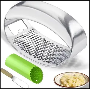 Garlic Press Rocker Ninety9llc Heavy Duty Stainless Steel Garlic Mincer Garlic Crusher Garlic Chopper with Peeler And Scraper for Smash Garlic Built-In Bottle Opener