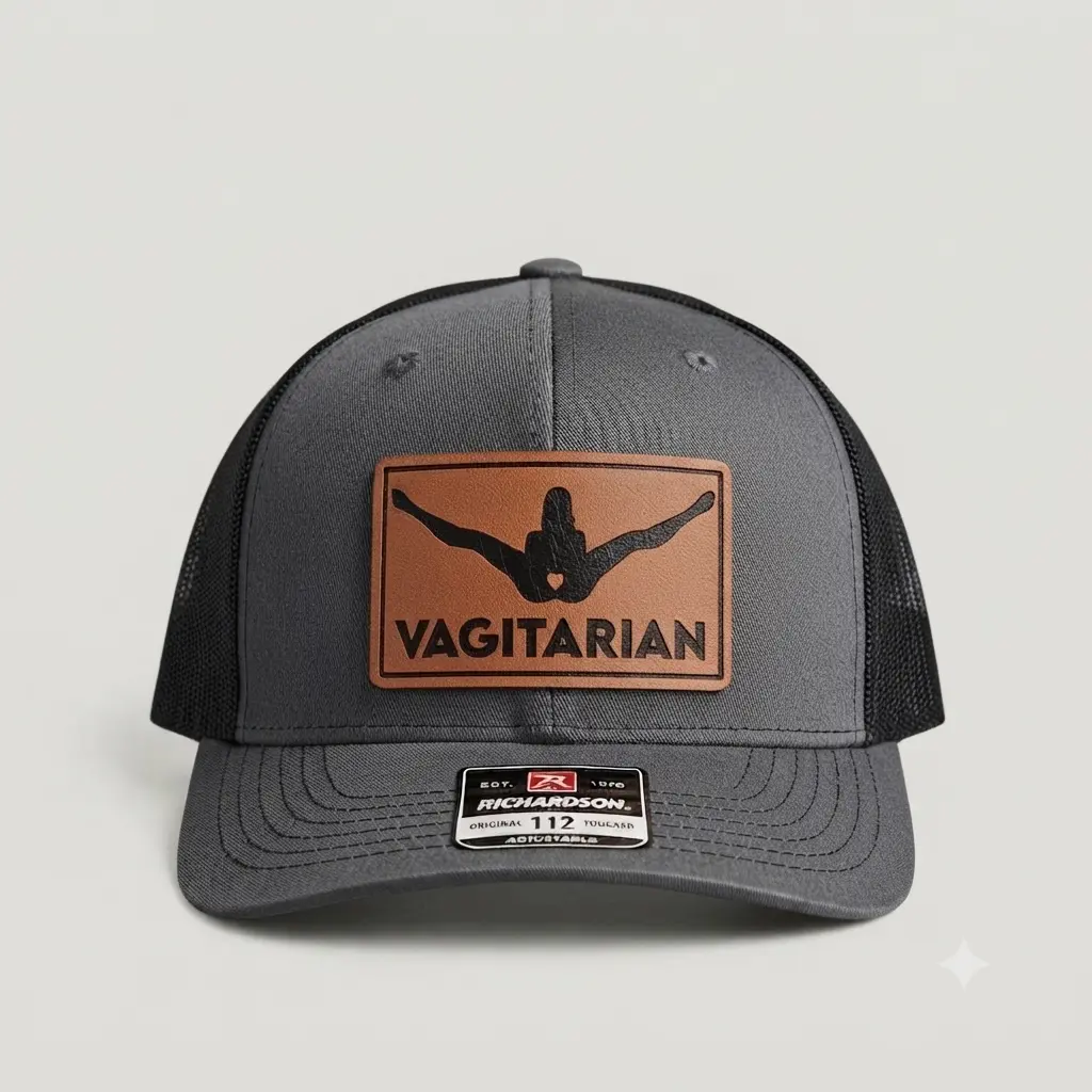 "Vagatarian" Leather Patch Trucker Hat – Bold Adult Humor Snapback Cap, Edgy Meme Statement Hat for Men & Women