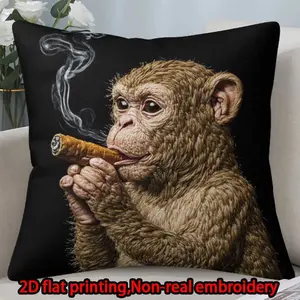 2D flat print 1pc short plush decoration single-sided pillowcase monkey cigarette smoke non-real embroidery Machine washable multi-size pillowcase suitable for bedroom living room sofa(excluding pillow core)