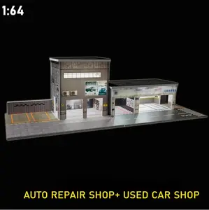 Diorama 1/64 Scale Car Garage Model LED Lighting Car Repair Workshop Parking Lot Store Building Scene Display Model Collection Gift Toy