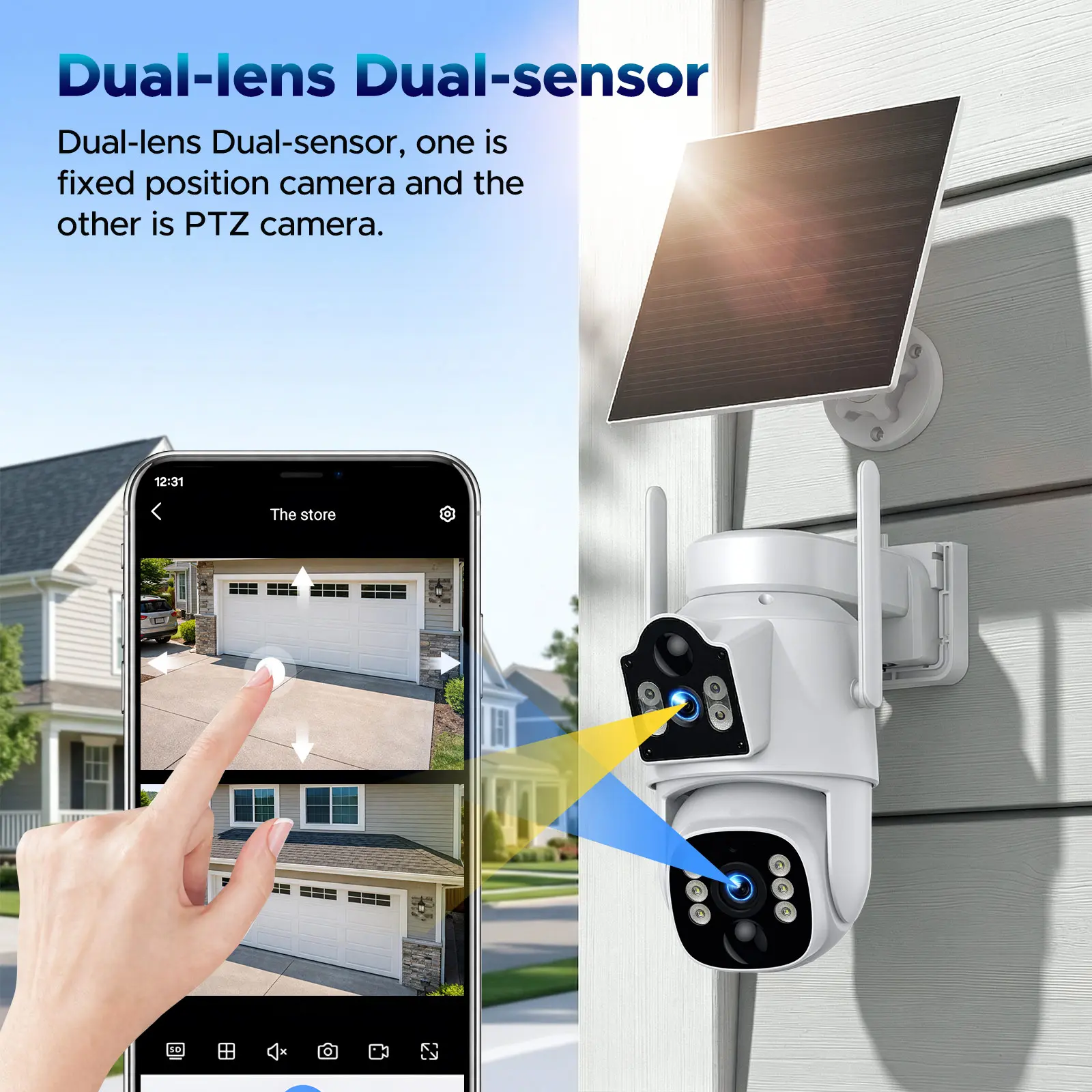 4G LTE Cellular Security Camera, Dual Lens 360° PTZ Auto Tracking, Solar Camera Outdoor Wireless with SIM Card,2K HD Color Night Vision, IP66 Waterproof, 2-Way Audio,No WiFi Needed
