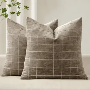 Decorative Chenille Check Throw Pillow Covers 20x20 Inch Set of 2 Vintage Plaid Neutral Boho Farmhouse Cushion Covers Modern Spring Home Decor for Sofa Bed Living Room Taupe Grey