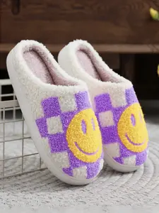 Purple Checkered Smiley Face Plush Slippers, Women's Shoes Clothing, Fashion Slipper, Slip Ons, Soft Slides, Gifts for Her, Christmas, Birthday Foot Wear Girl