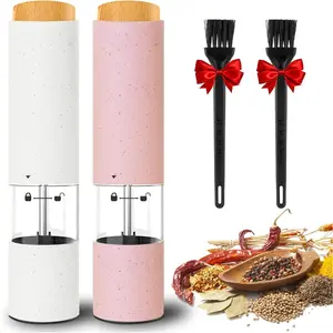 Electric Salt and Pepper Grinder Set of 2, Automatic Operation, Adjustable Coarseness, Battery Powered, LED Light, One Hand Operation-Pink and White