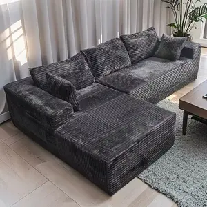 Two Colors Relax in Comfort Cloud-Like Corduroy Sectional Sofa with Chaise and Built-In Storage for Living Room 110 inches Size