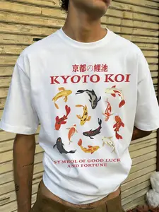 Men's Kyoto Koi Fish Pattern Loose T-Shirt, Japanese Style Round Neck Top, Short Sleeve Long Clothing, Minimalist Tropical Design