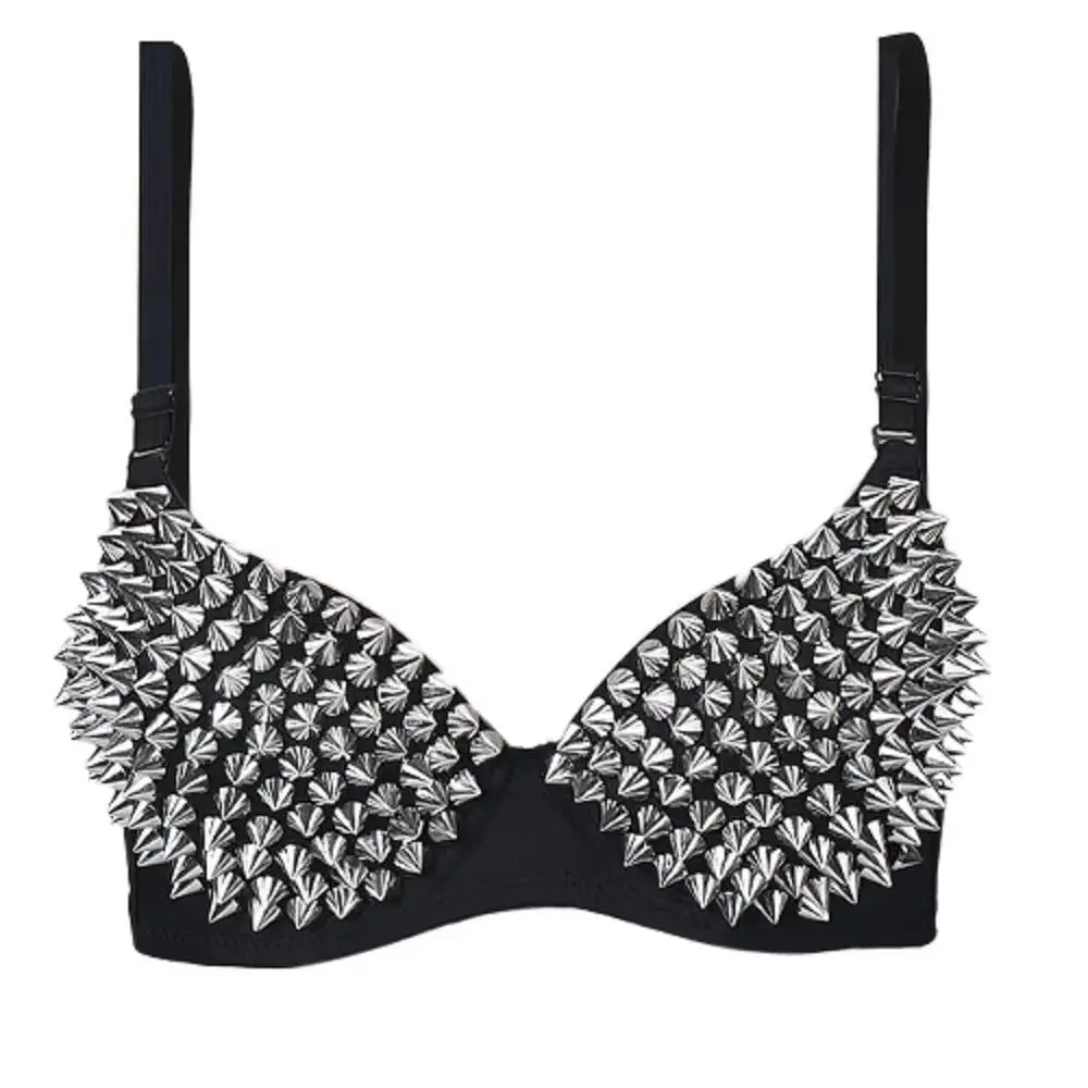 Women's Sexy Silver Spiked Studded Bra Top – Punk Goth Push Up Bralette for Raves, Festivals, Concerts & Clubwear Night Out Rhea Ripley Swokii Underwire Removable Underwired Bra Sticky Bra Inserts Womenswear