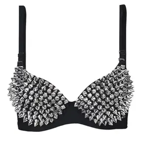 Women's Sexy Silver Spiked Studded Bra Top – Punk Goth Push Up Bralette for Raves, Festivals, Concerts & Clubwear Night Out Rhea Ripley Swokii Underwire Removable Underwired Bra Sticky Bra Inserts Womenswear