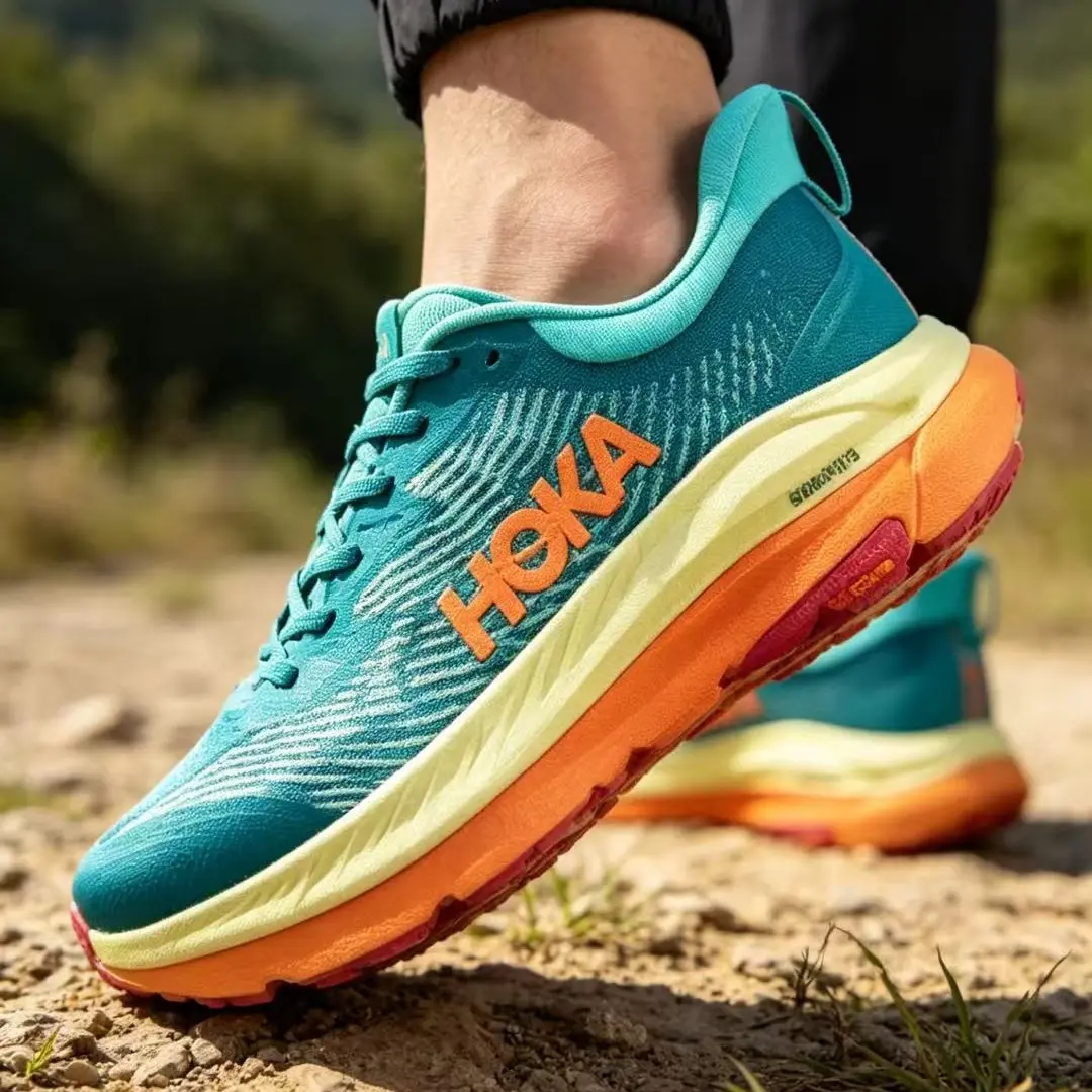 Vertical Grain Jacquard Mesh Low-Top Trail Sneakers, Teal Cyan Upper, Peach Orange Lettering, Pale Yellow Cushion Midsole, 2-Tone Jagged Anti-Slip Outsole, Cross-Country Running Mountain Hiking Sports Collectibles Footwear