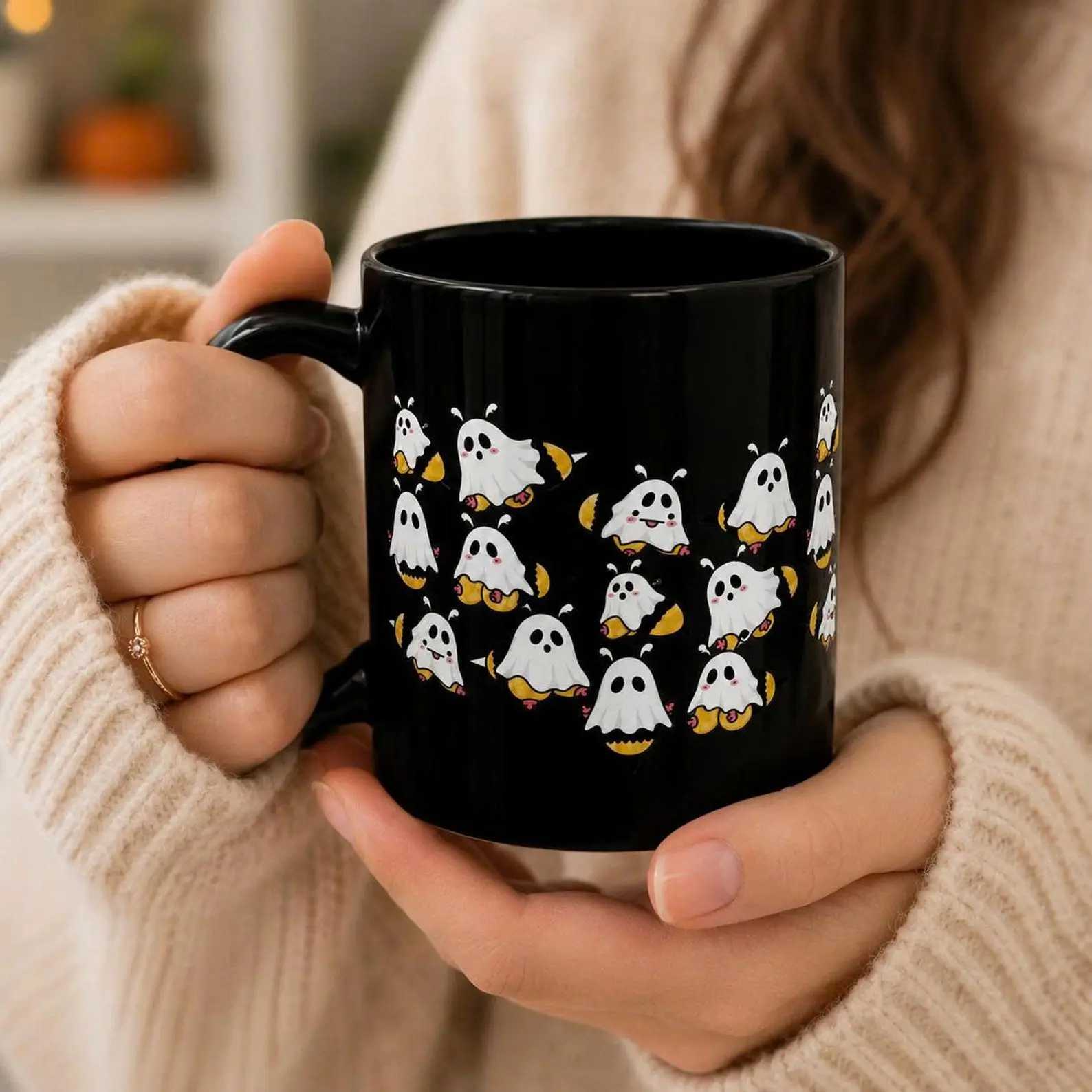 Ghost Bee Halloween Mug, Spooky Season Ceramic Coffee Cup, Bumble Bee Lover Gift