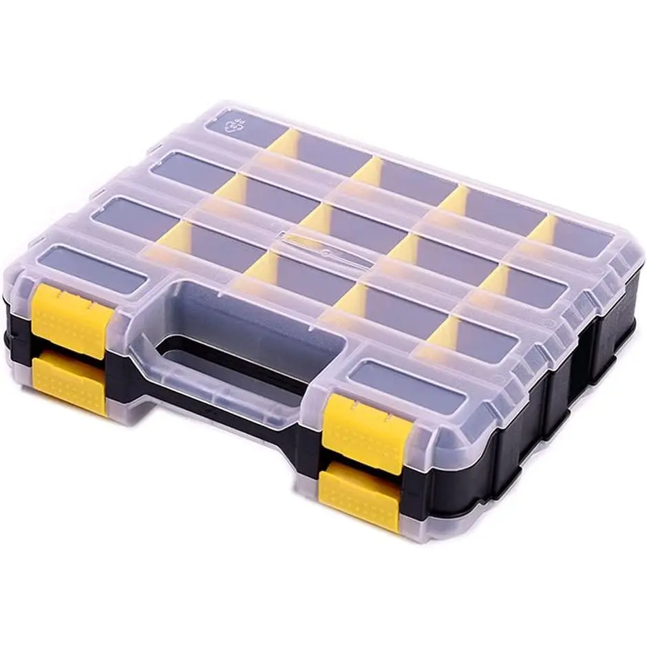 34-Compartment Hardware Organizer Tool Box, Durable Plastic Double-Sided Storage with Removable Dividers for Nuts, Bolts, Screws, Nails (Yellow)